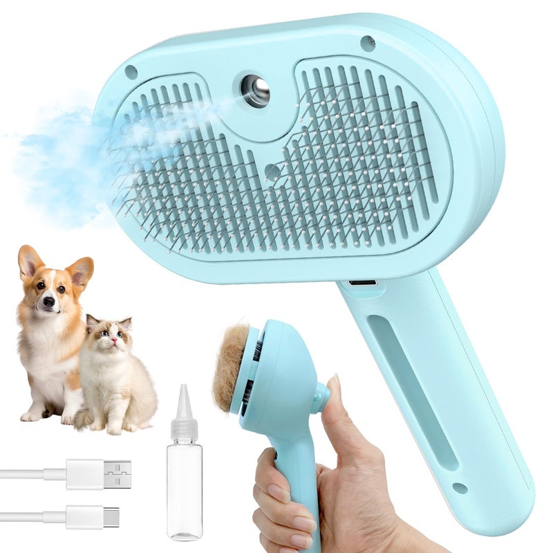 HeroKitty Dog Brush for Shedding, 3 in 1 Self Cleaning Steam Dog Brush - Anti-Static,Cat Steam Brush Removal Comb with Release Button, Grooming Tool for Long and Short Hair Pets, Blue - Image 1